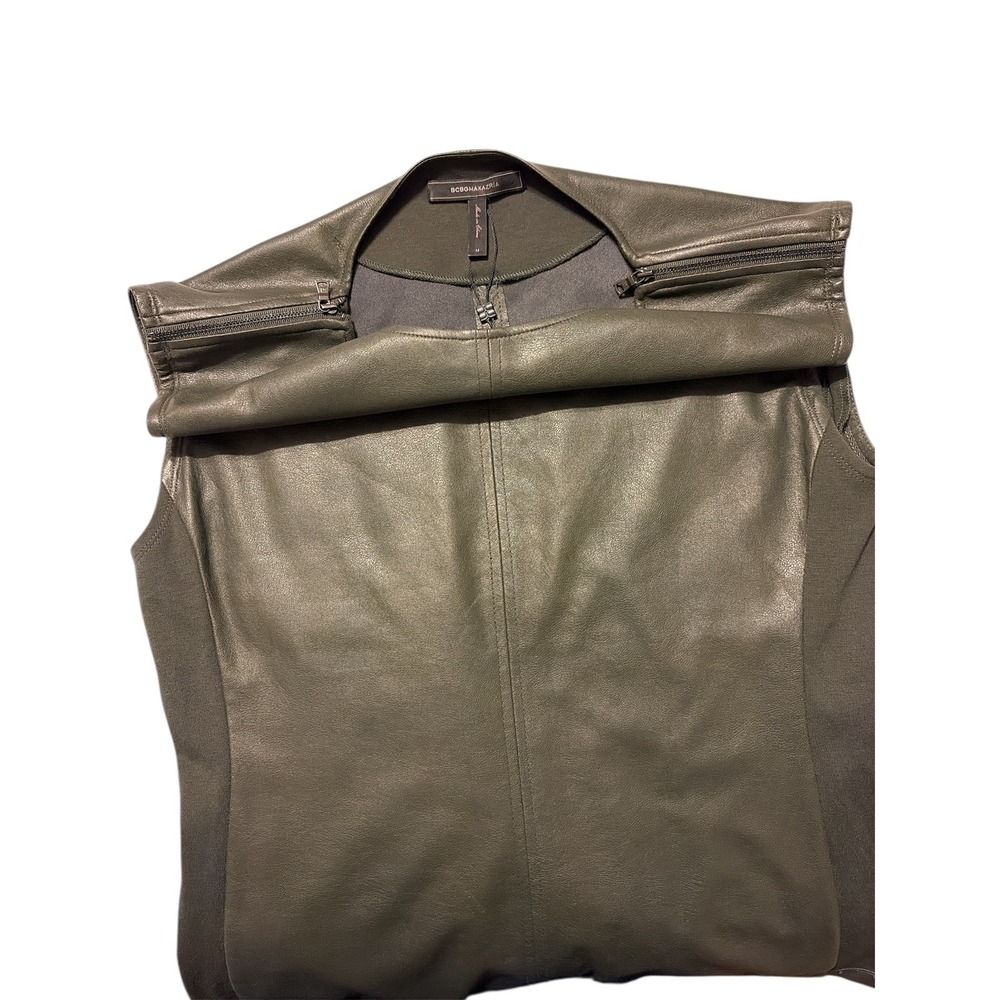 BCBGMAXAZRIA Vera olive green Faux Leather Panel Sleeveless Top M - Picture 6 of 9